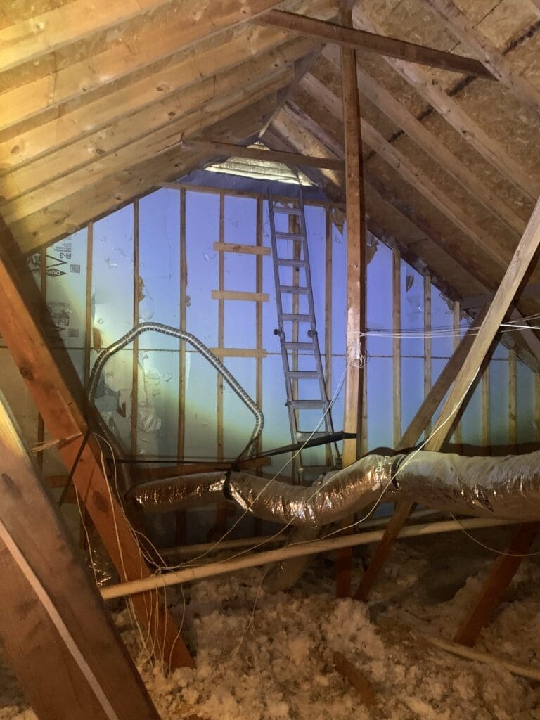 ladder in the attic of a customers home that needs rodent control
